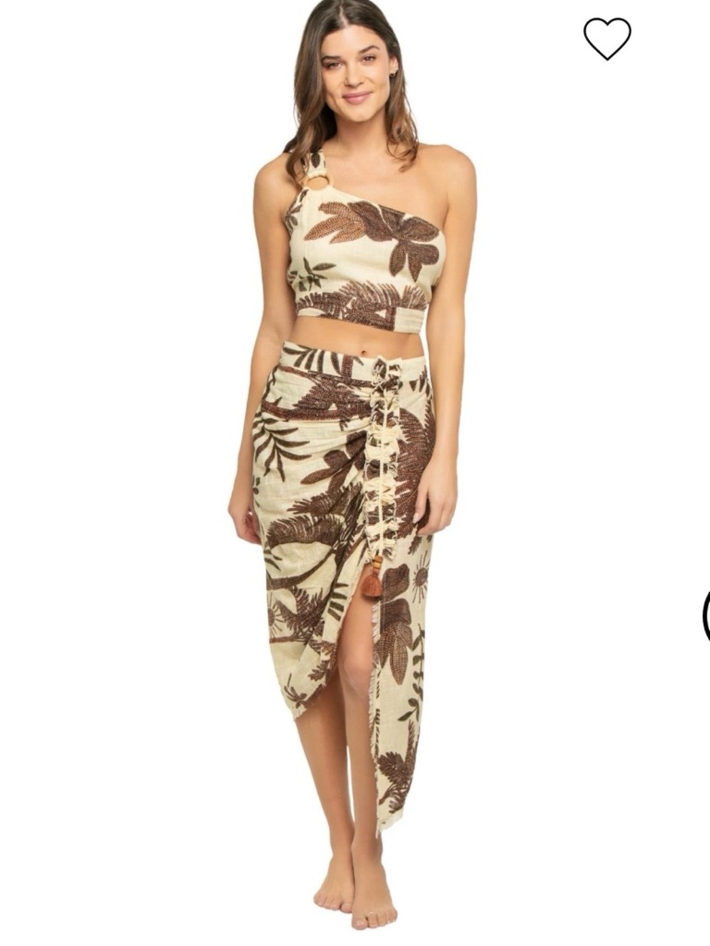 One-Shoulder Cream and Brown Tropical Skirt Set